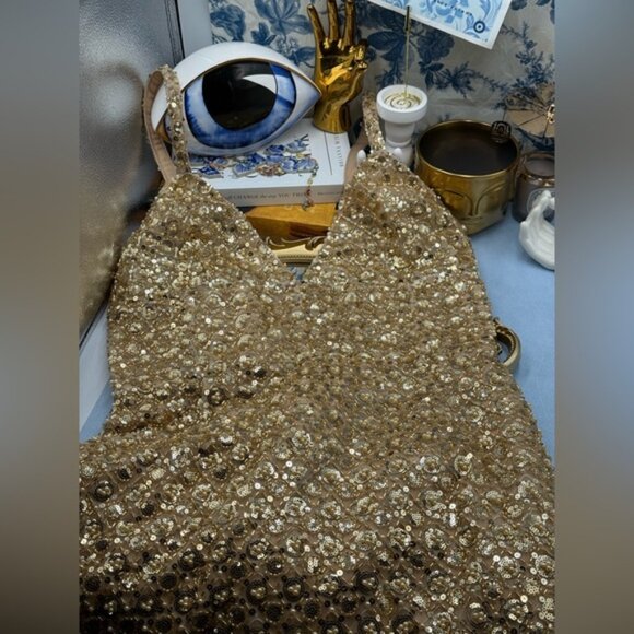 🆕 BRONX & BANCO 🧿 NWOT Allegra Gold Sequin & Beaded Maxi Dress, Sz L US 8 - Picture 13 of 16